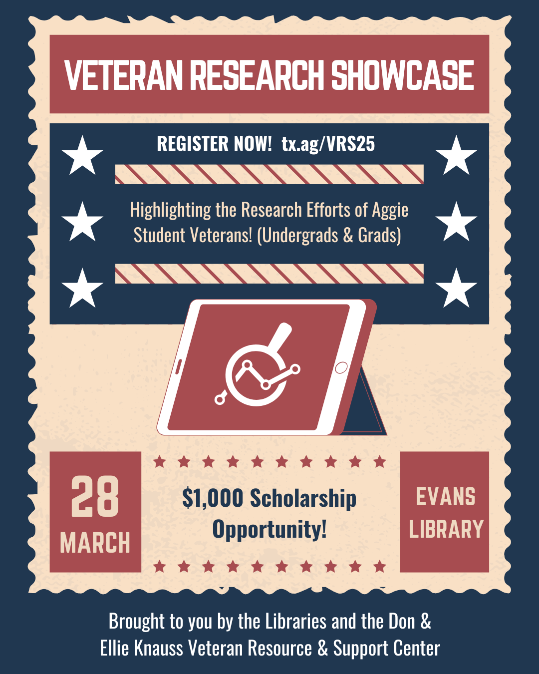 Veteran Research Showcase. Register now! Tx.ag/vrs25. Highlighting the research efforts of Aggie student veterans! (Undergrads & Grads). March 28, Evans Library. $1,000 scholarship opportunity! Brought to you by the Libraries and the Don & Ellie Knauss Veteran Resource & Support Center. 